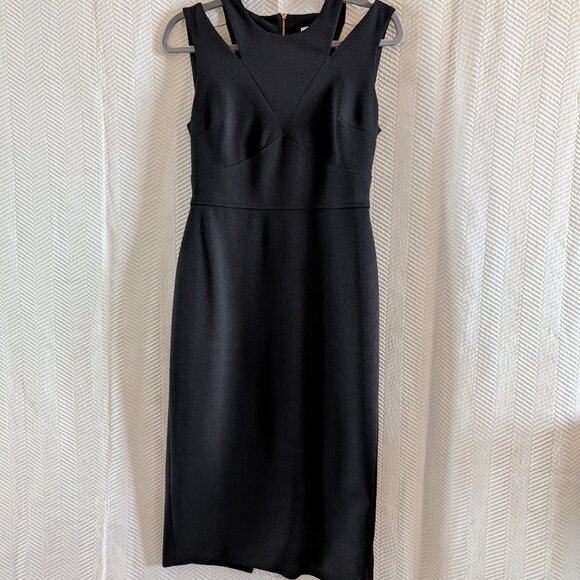 Calvin Klein Black Sheath Dress Cutout Shoulders Size 6 Gold Back Zipper LBD - Picture 3 of 12